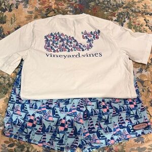 Vineyard Vines White Tee with Blue and Pink Sailboat Print Shorts